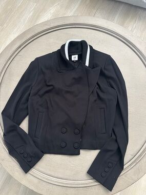 CAbi Black Double-Breasted Blazer with Contrasting White-Trim Collar